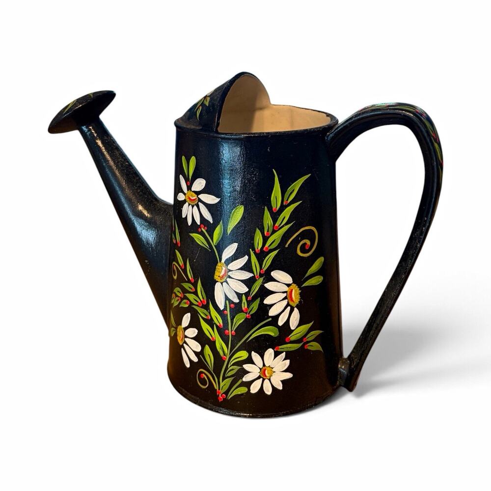Vintage Folk Art Ceramic Watering Can Hand Painted Daisy Floral Scandi Gardener